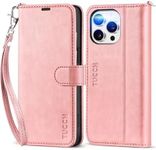 TUCCH Wallet Case for iPhone 15 Pro Max, [Wrist Strap] Kickstand RFID Blocking 4 Card Slots, Magnetic PU Leather Shockproof TPU Shell Compatible with iPhone 15 Pro Max 5G 6.7", Pink with Wristlet