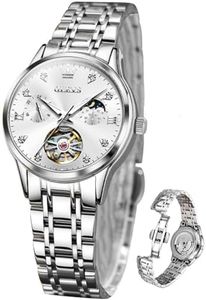 OLEVS Automatic Womens Watch Elegant Luxury Dress Silver Watches for Women Stainless Steel Waterproof Moon Phase Women's Wrist Watch Diamond Luminous Tourbillon Chronograph Mechanical Ladies Watches