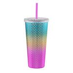 ALINK Studded Tumbler with Lid and Straw, Reusable Cup with Straws Lids, Plastic Water Bottle, Iced Coffee Travel Mug Cup - Rainbow