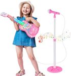 Kids Guitar and Microphone Playset, Musical Guitar Play Set with Adjustable Stand,Toy Guitar Starter Kit with 4 Strings, Electric Guitar Karaoke Toys with Music Lights for Boys Girls