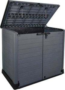 Duramax Cedargrain 1200L Plastic Garden Storage Shed – Grey, Flat Lid, Fits 2x 240L Bins, 145x85x125cm