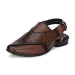 HITZ Men's Brown Leather Peshawari Sandals with Buckle Closure - 9