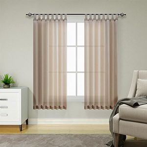 TOPICK Voile Curtains with Loops, Sheer Curtains, Transparent Curtain, Gauze, Pair of Scarves, Window Scarf for Living Room, Bedroom, Kitchen, 145 cm x 140 cm (H x W), Set of 2, Brown