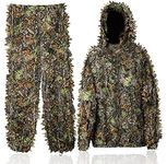 Ghillie Suit 3D Leafy camo suit Outdoor Lightweight Jungle Forest Woodland Hunting Suit Airsoft camouflage clothing Hooded Ghillie Suit for men Kids Women Military Shooting Wildlife Photography (Small)