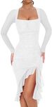 BORIFLORS Women's Sexy Ruched Bodycon Midi Dresses Elegant Mesh Long Sleeve Square Neck Ruffle Hem Cocktail Party Dress, Large, White