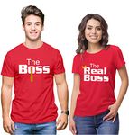 Hangout Hub Hangout-Hub024$P Couple Tshirts for Couples | Printed The Boss The Real Boss T-Shirts;(Red;Men L, Women XL) Men's and Women's Round Neck T-Shirt (Pack of 2, Cotton)