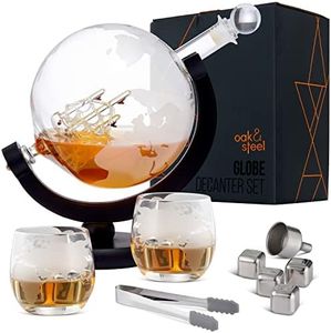 Oak & Steel - Juego Decantador De Whisky de Globo Prima Cristal mas Set de 2 Vasos con en Grabado Y Piedras de Whisky - Capacidad de 1.5 Litros
