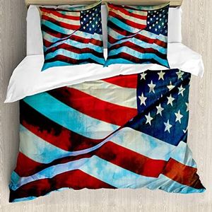 ABAKUHAUS Drapeau américain Ensemble de Housse de Couette, Vent Flagpole, Décoratif, 3 Pièces avec 2 Taies d'oreiller, 155 cm x 220 cm, Bleu Rouge