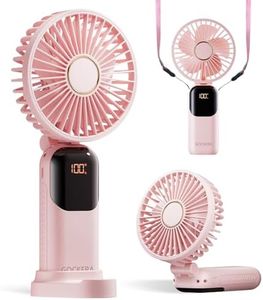 GOCKERA Portable Fan, 4200mAh Battery Operated Fan, 5 Speeds&Digital Display, 180° Foldable Makeup Fan for Women with Base, Handheld/Neck/Desk 3in1 Fan for Outdoor Indoor,Ultra Quiet (Pink)