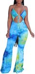 Remelon Womens Spaghetti Strap Halter Tie Dye Print Cut Out Bodycon Bell Flare Pants Club Party One Piece Jumpsuits Rompers Blue XL