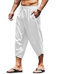 COOFANDY Men's Linen Harem Capri Pants Lightweight Loose 3/4 Shorts Drawstring Elastic Waist Casual Beach Yoga Trousers White