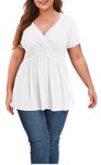 Anelune Women's Plus Size White Blouse Short Sleeve Tunic Top Dressy V Neck Top Pleated Flowy Tunic Shirt 4XL White