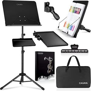 CAHAYA Sheet Music Stand Dual Use with Clamp-on Tray and Desktop Book Stand, Sheet Music Folder, Projector Stand for Guitar, Ukulele, Violin Players