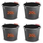 MYPURECORE Set of 4 Large 20L (5.2 Gallon) Black Plastic Buckets with Handles - Sturdy Multipurpose Containers with Measuring Scale - Ideal for Builders, Car Washes, Bathroom, Home & Garden. (4)