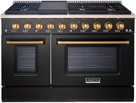 Akicon 48" Slide-in Freestanding Professional Style Gas Range with 6.7 Cu. Ft. Oven, 8 Burners, Convection Fan, Cast Iron Grates, & Blue Porcelain Oven Interior, In Black with Gold