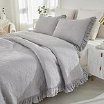 Brandream Luxury Light Gray Farmhouse Quilts Set Cotton Queen Size Bedspread Set Ruffle Matelasse Bedding Set 3-Piece