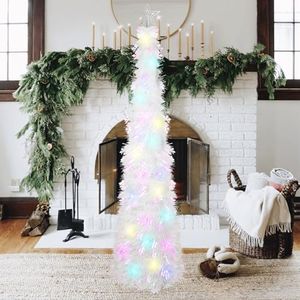 CCINEE 5ft Glittery White Tinsel Christmas Trees, Coastal Collapsible Artificial Pencil Christmas Tree with Snowflake Ornaments Slim Pop Up Xmas Tree for Outdoor Indoor Home Decor