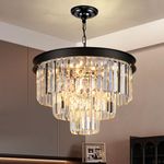 Depuley 6-Light Modern Crystal Chandeliers, 20" Black Drum Hanging Pendant Chandelier, 3-Tier Crystal Glass Chandelier Light Fixture for Foyer Dinning Room Bedroom, E12 Bulbs Included, UL