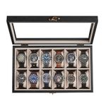 SONGMICS Watch Box, 12-Slot Watch Case, Solid Wood Watch Box Organizer with Glass Lid, Ebony Black UJOW120B01