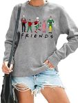 RFBIQI Christmas Friends Sweatshirt Women Funny Cartoon Graphic Pullover Top Christmas Movie Shirt Xmas Party Long Sleeve Tee, Light Grey, X-Large