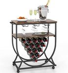 COSTWAY Kitchen Serving Trolley on Wheels, Industrial Rolling Bar Cart with Wine Rack, Glass Holders and Utility Wood Tabletop, Drinks Storage Island for Restaurant Dining Room