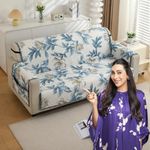 HOKIPO Polyester 3 Seater Quilted Sofa Cover with Pockets, Celadon Blue Camellia (IN-813-D8)
