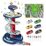 Kids Garage Track Toy with Simulated Music and Light Effects,Tower Car Race Ramp Track Toy with 6 Mini Cars,Race Track Toy Car Parking Playset for 3+ Year Old Boys Girls Toddlers