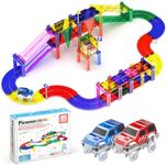 PicassoTiles 50 Piece Race Car Track Building Block Educational Toy Set Magnetic Tiles Magnet DIY Playset 2 Light Up Car STEM Learning Construction Kit Hand-Eye Coordination Fine Motor Skill Training