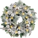 WANNA-CUL Pre-Lit 24 Inch Lighted Christmas Wreath for Front Door Decor with Silver White Christmas Ball Ornaments and Poinsettia Flowers,Battery Operated 30 LED Lights