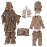 Ghillie Suit, 5 in 1 Camouflage Hunting Apparel 3D Camo Hunting Clothes Including Jacket Pants Hood Carry Bag for Hunting Military Shooting Training Paintball Airsoft Halloween (Desert Adult)