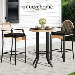 YITAHOME 3-Piece Outdoor Wicker Bar Height Set with Cushioned Barstools, Patio Bistro Furniture for Balcony and Poolside, Black+Light Yellow