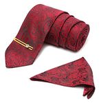 LOUIS STITCH Mens Persian Red Italian Silk Necktie Set Incl Pocket Square Gold Tiepin American Style Formal Tie Gift Set for Men (TE-GP-FR016)