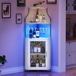 GarveeHome Corner Bar Wine Cabinet with LED Lights, 5-Tier Industrial Wine Cabinet with Glass Holder, Modern Liquor Cabinet with Adjustable Shelf, Home Bar Cabinet with Mesh Door, Gold