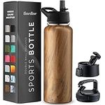 FineDine Triple Walled, Insulated Water Bottles with Straw - 40 Oz Stainless Steel Metal Bottle W/ 3 Leak Proof Lids - For Travel, School, Sports, Gym/Men, Women & Kids - Rustic Grained Sienna