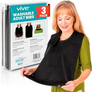Vive Adult Bibs for Women, Men (3-pack) - Adjustable Bibs for Elderly Senior - Premium Waterproof Bib for Eating - Machine Washable, Clothing Protector With Cumb Catcher, Folding Pocket (Black)