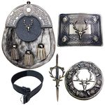 Kilt Belt with Buckle Scottish Kilts Sporran with Badge Style Stag Head/Kilt Pin/Fly Plaid Brooch 5 piece Set (M)