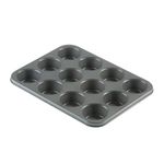 Prochef KB1003 Teflon Non-Stick Premium Coated 12 Cup Tray/Tin-Length 35cm x Width 27cm Carbon Steel for Muffins or Cupcakes-Silver, Black, 35 x 27 x 3cm