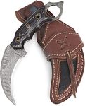 BIGCAT ROAR 19 cm Handmade Karambit Damascus Hunting Knife with Leather Sheath - Ideal for Skinning, Camping, Outdoor - Full Tang Fixed Blade Karambit Knife with Walnut Wood Handle - Desert Fox