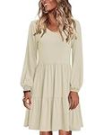 Zeagoo Women's Dress Autumn Long Sleeve Casual Winter Dress A Line Solid Color Skater Dress Midi Tunic Dress with Pockets Beige S