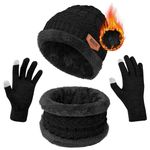 CRENTILA Winter Cap for Men Women Woolen Beanie hat with Neck Muffler and Super Warm Touchscreen Gloves with Thick Fleece Lined Elastic Free Size Winters Wear for Snowboarding and Hiking