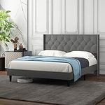 Giantex Queen Size Linen Fabric Upholstered Platform Bed Frame, Modern Bed Frame with Button Tufted Headboard, Solid Wooden Slats Support Mattress Foundation, No Box Spring Needed, Noise Free, Grey