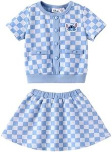 Disney Lilo & Stitch Toddler Girl 2 Piece Outfit Light Blue Short Sleeve Character Print Button Knit Elegant Top & Tweed Skirt Set Birthday Party Dress Costume Summer Holiday Clothes Gift 2T