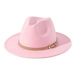 Lisianthus Women Classic Felt Fedora Wide Brim Hat with Belt Buckle, Pink, Medium