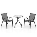 GiantexUK 3 PCS Patio Bistro Set, Metal Frame Garden Furniture Set with Tempered Glass Table and 2 Stackable Armchairs, Outdoor Table and Chairs Set for Backyard Poolside Lawn