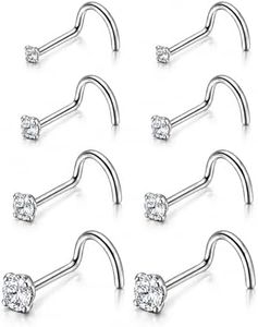 RIYSGHNQ G23 Titanium Nose Studs 20G CZ Corkscrew Set, 8Pcs Silver