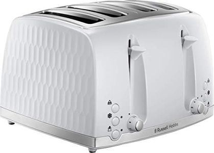 Russell Hobbs Honeycomb 4 Slice Toaster (Independent & Extra wide slots with high lift, 6 Browning levels, Frozen/Cancel/Reheat function, Removable crumb tray, 1500W, White textured high gloss) 26070