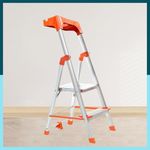 Houza 2 Step Foldable Aluminium Ladder for Home with Tool Tray | Ladder with Anti-Slip Shoes | Slip Prevention Steps | Durable, Heavy Duty, Safe, and Stylish | Made in India (Orange)