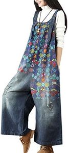 Flygo Women's Floral Printed Wide Leg Distressed Bib Denim Overalls Jumpsuits with Pockets (One Size, Dark Blue)