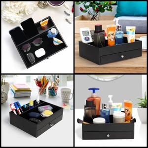 BELLE VOUS Men’s Black Valet Tray with Drawer – 7-Compartment Bedside Organizer