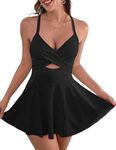 Bsubseach Women's One Piece Bathing Suit Ruffle Cut Out Swimsuits V Neck Wrap Tie Back Skirt Swimdress Monokini Swimwear Black L